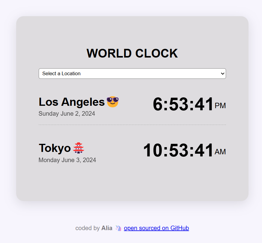 snapshot of world clock, displaying time and location 